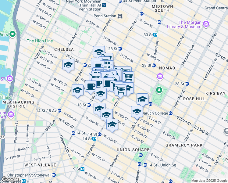 map of restaurants, bars, coffee shops, grocery stores, and more near 118 West 22nd Street in New York