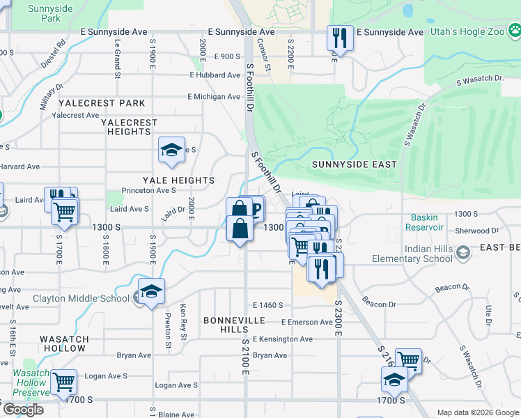 map of restaurants, bars, coffee shops, grocery stores, and more near 1168 Foothill Drive in Salt Lake City