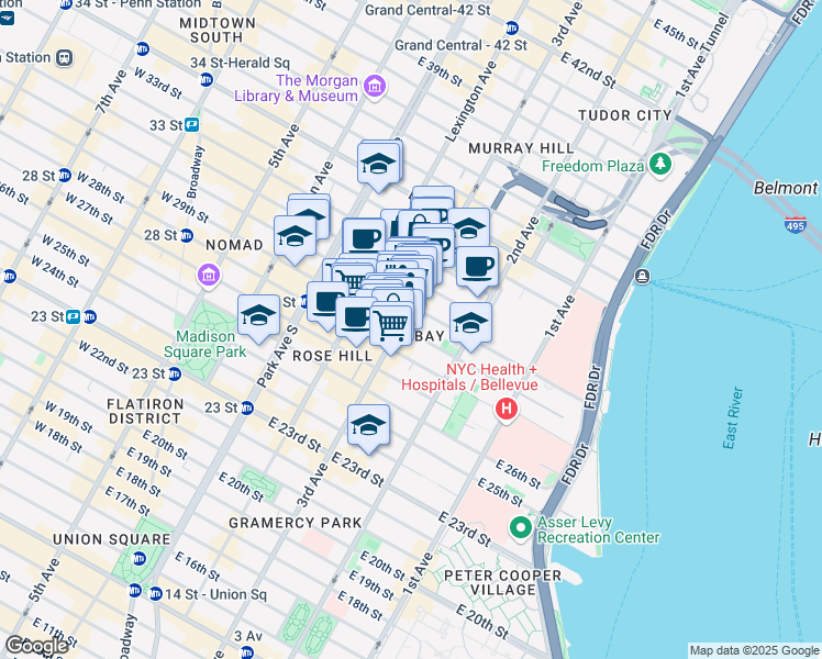 map of restaurants, bars, coffee shops, grocery stores, and more near 203 East 29th Street in New York