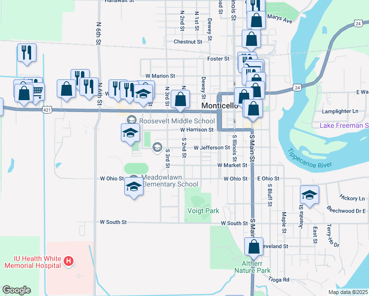 map of restaurants, bars, coffee shops, grocery stores, and more near 299 South 2nd Street in Monticello