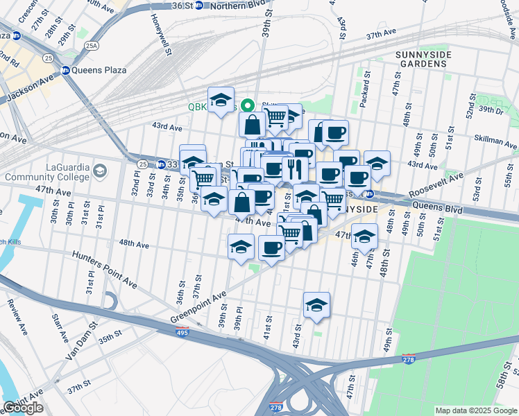 map of restaurants, bars, coffee shops, grocery stores, and more near 45-22 40th Street in Queens