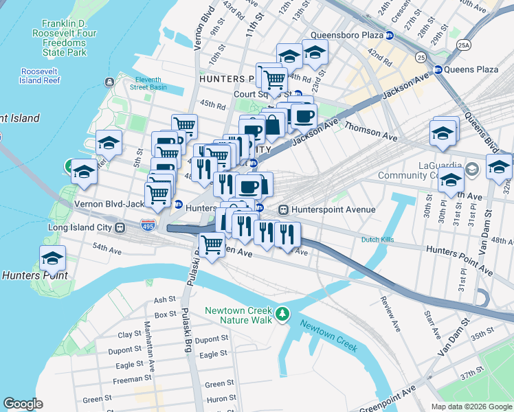 map of restaurants, bars, coffee shops, grocery stores, and more near in Queens
