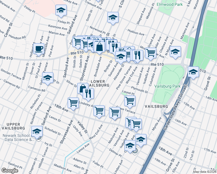map of restaurants, bars, coffee shops, grocery stores, and more near 80 Sunset Avenue in Newark