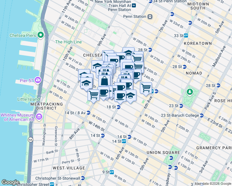 map of restaurants, bars, coffee shops, grocery stores, and more near 220 West 20th Street in New York
