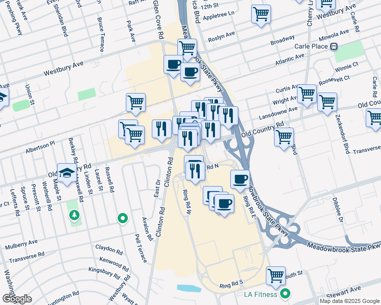 map of restaurants, bars, coffee shops, grocery stores, and more near 600 Old Country Road in Uniondale
