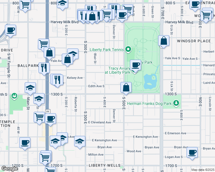 map of restaurants, bars, coffee shops, grocery stores, and more near 1209 South 400 East in Salt Lake City