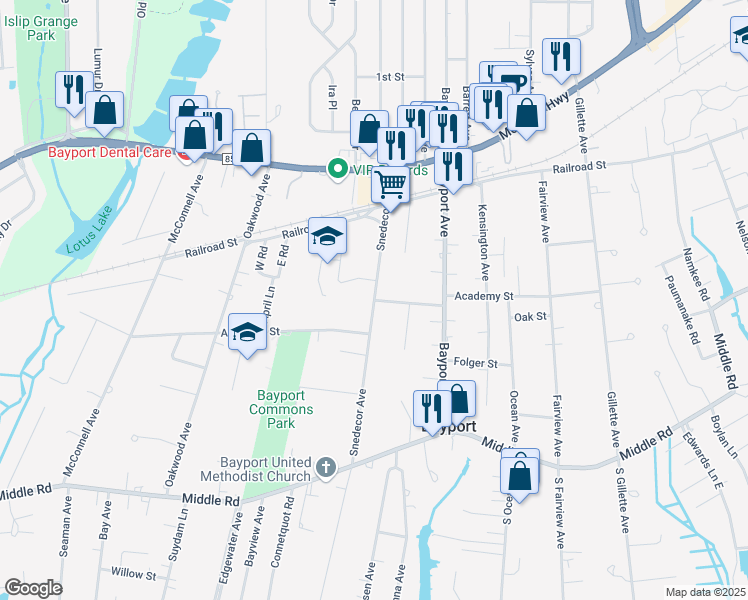 map of restaurants, bars, coffee shops, grocery stores, and more near 200 Snedecor Avenue in Bayport