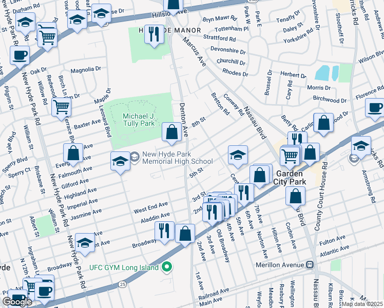 map of restaurants, bars, coffee shops, grocery stores, and more near 5 7th Street in New Hyde Park