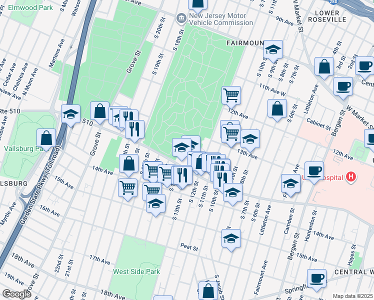 map of restaurants, bars, coffee shops, grocery stores, and more near 403 South Orange Avenue in Newark