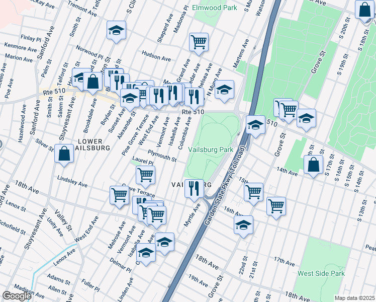 map of restaurants, bars, coffee shops, grocery stores, and more near 79 South Munn Avenue in Newark