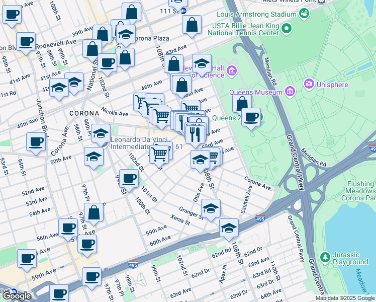 map of restaurants, bars, coffee shops, grocery stores, and more near 51-09 108th Street in Queens
