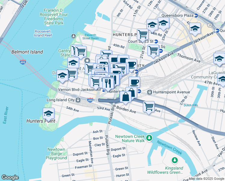 map of restaurants, bars, coffee shops, grocery stores, and more near in Queens