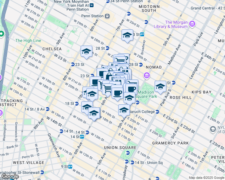 map of restaurants, bars, coffee shops, grocery stores, and more near 71 West 23 Street in New York