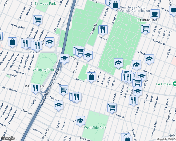 map of restaurants, bars, coffee shops, grocery stores, and more near 536-538 South Orange Avenue in Newark