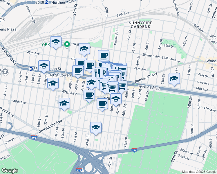 map of restaurants, bars, coffee shops, grocery stores, and more near 45th Street in Queens