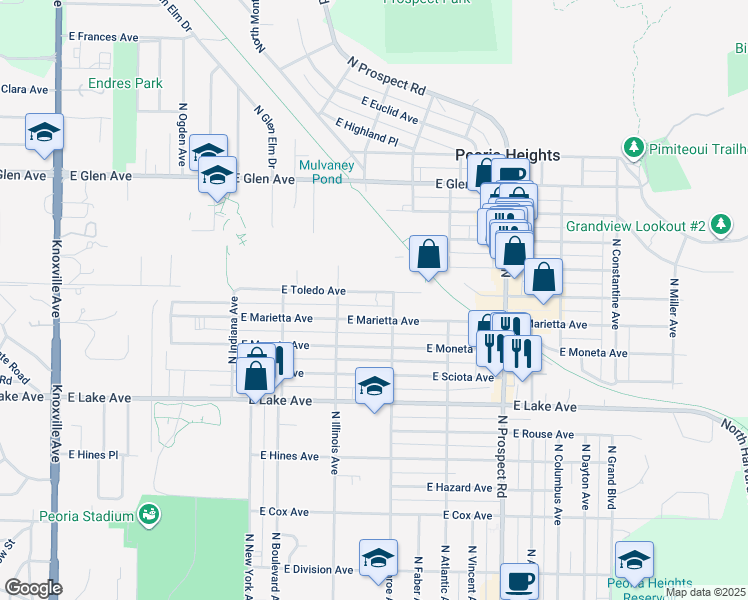 map of restaurants, bars, coffee shops, grocery stores, and more near 903 East Toledo Avenue in Peoria Heights
