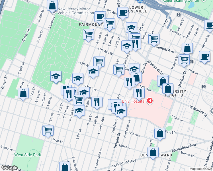 map of restaurants, bars, coffee shops, grocery stores, and more near 172 South 7th Street in Newark