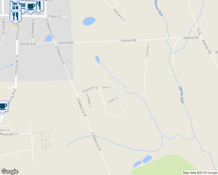 map of restaurants, bars, coffee shops, grocery stores, and more near 565 Tara Court in Saxonburg