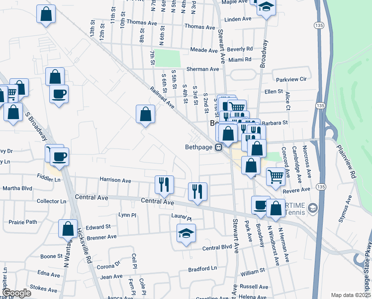 map of restaurants, bars, coffee shops, grocery stores, and more near 1 North Sheridan Avenue in Bethpage