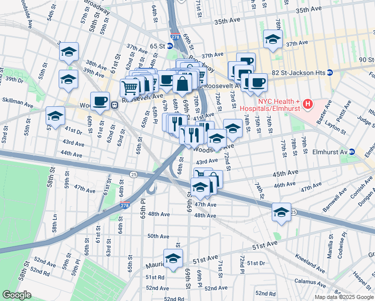 map of restaurants, bars, coffee shops, grocery stores, and more near 6811 Woodside Avenue in Queens