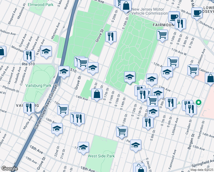 map of restaurants, bars, coffee shops, grocery stores, and more near 488 South Orange Avenue in Newark