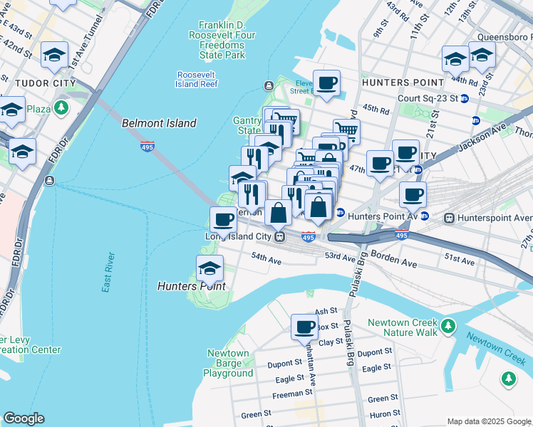 map of restaurants, bars, coffee shops, grocery stores, and more near 2-35 51st Avenue in Queens
