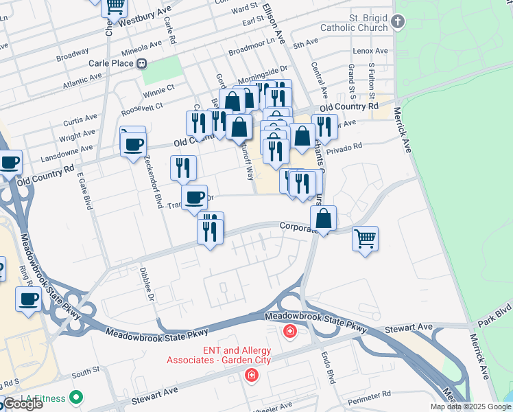 map of restaurants, bars, coffee shops, grocery stores, and more near 1025 Corporate Drive in Westbury