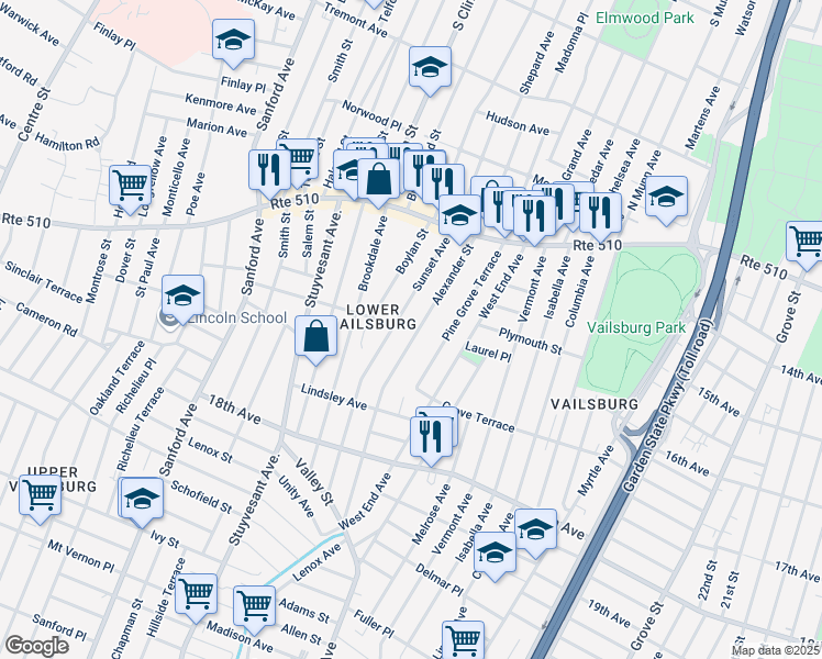 map of restaurants, bars, coffee shops, grocery stores, and more near 97 Alexander Street in Newark