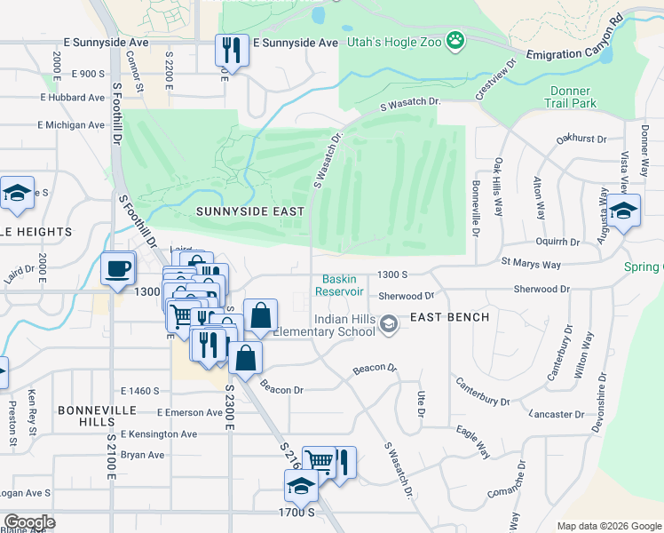 map of restaurants, bars, coffee shops, grocery stores, and more near 2481 East 1300 South in Salt Lake City