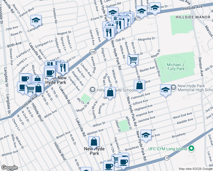 map of restaurants, bars, coffee shops, grocery stores, and more near 41 Pearl Street in New Hyde Park