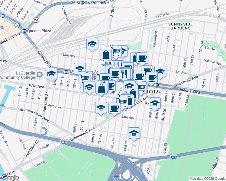map of restaurants, bars, coffee shops, grocery stores, and more near in Queens