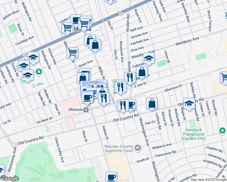 map of restaurants, bars, coffee shops, grocery stores, and more near Copley Court in Mineola