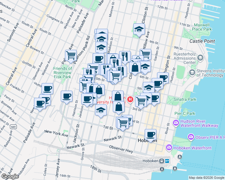 map of restaurants, bars, coffee shops, grocery stores, and more near 410 Jefferson Street in Hoboken