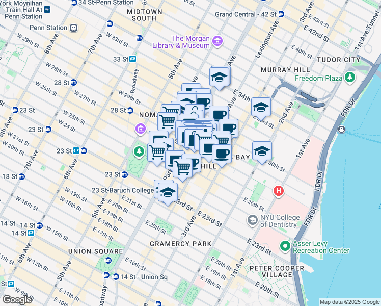 map of restaurants, bars, coffee shops, grocery stores, and more near 122 East 28th Street in New York