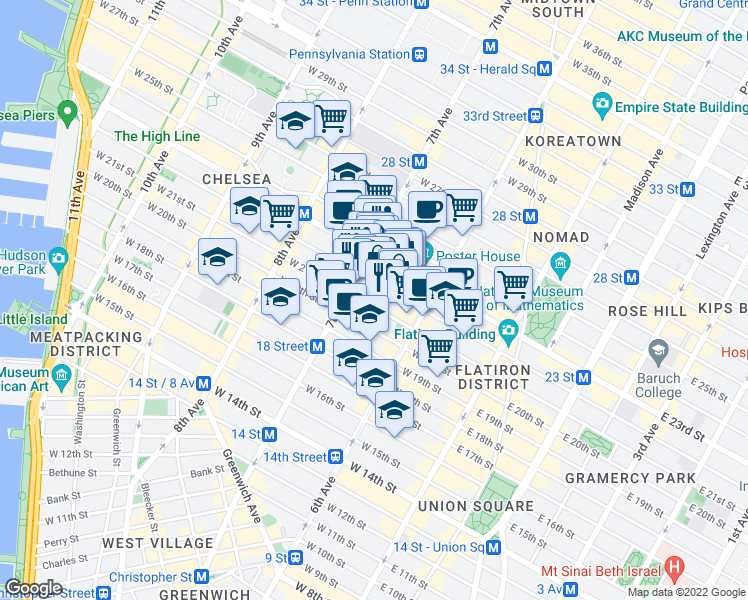 map of restaurants, bars, coffee shops, grocery stores, and more near 147 West 22nd Street in New York