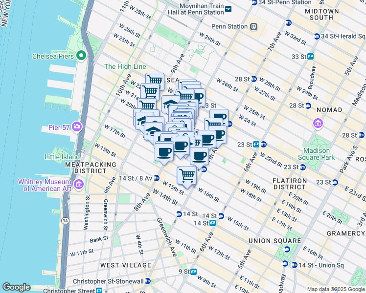 map of restaurants, bars, coffee shops, grocery stores, and more near 252 West 20th Street in New York