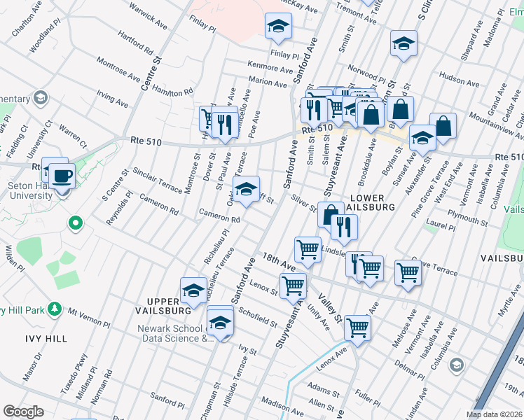 map of restaurants, bars, coffee shops, grocery stores, and more near 17 Noll Place in Newark