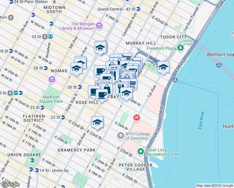 map of restaurants, bars, coffee shops, grocery stores, and more near 208 East 30th Street in New York