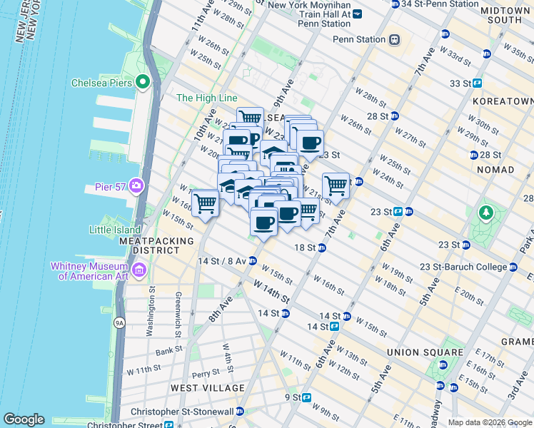 map of restaurants, bars, coffee shops, grocery stores, and more near in New York