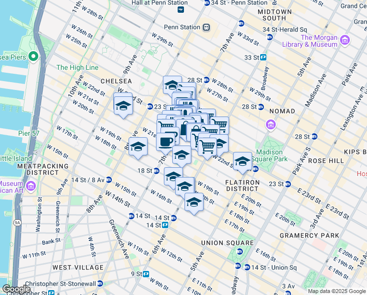 map of restaurants, bars, coffee shops, grocery stores, and more near 151 West 21st Street in New York