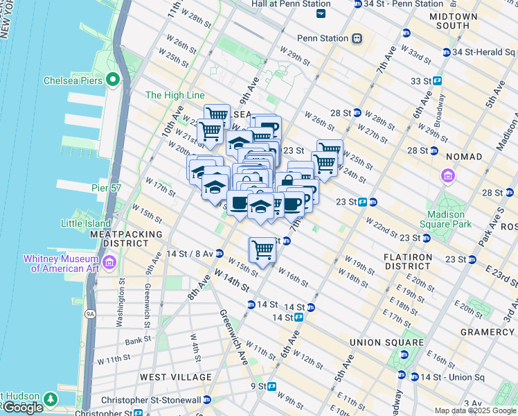 map of restaurants, bars, coffee shops, grocery stores, and more near in New York
