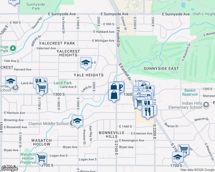map of restaurants, bars, coffee shops, grocery stores, and more near 2031 Laird Drive in Salt Lake City