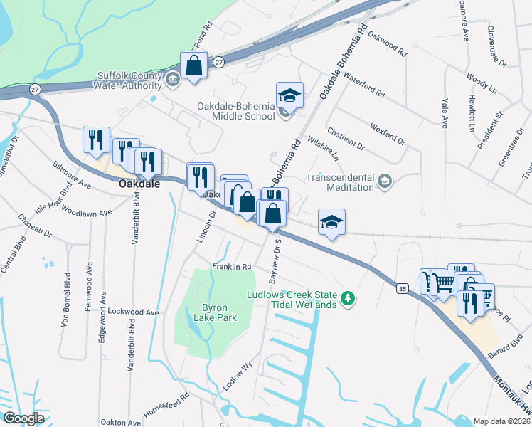 map of restaurants, bars, coffee shops, grocery stores, and more near in Oakdale