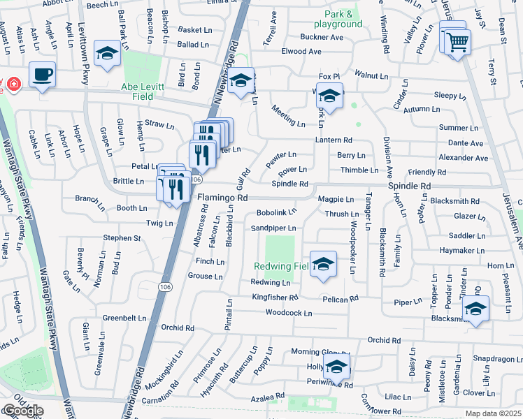 map of restaurants, bars, coffee shops, grocery stores, and more near 50 Flamingo Road in Levittown
