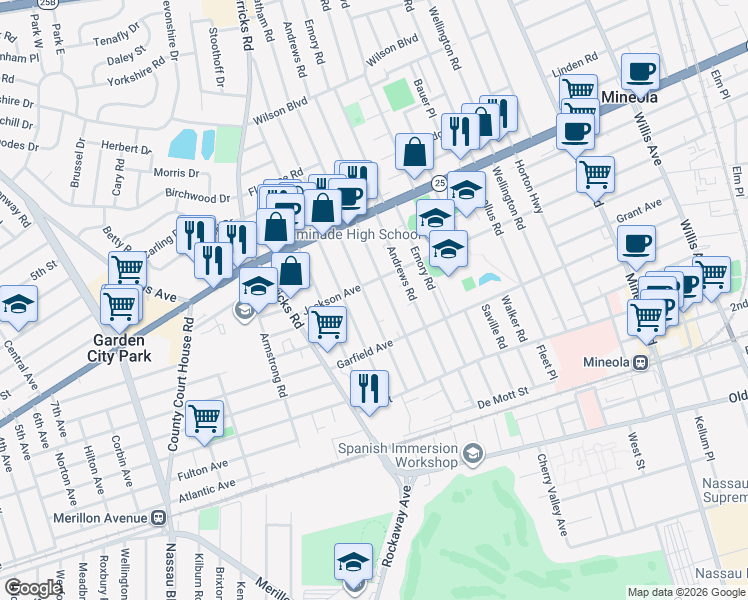 map of restaurants, bars, coffee shops, grocery stores, and more near 212 Latham Road in Mineola