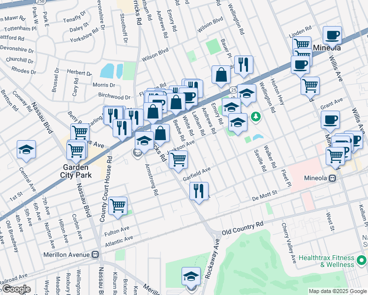 map of restaurants, bars, coffee shops, grocery stores, and more near 223 White Road in Mineola