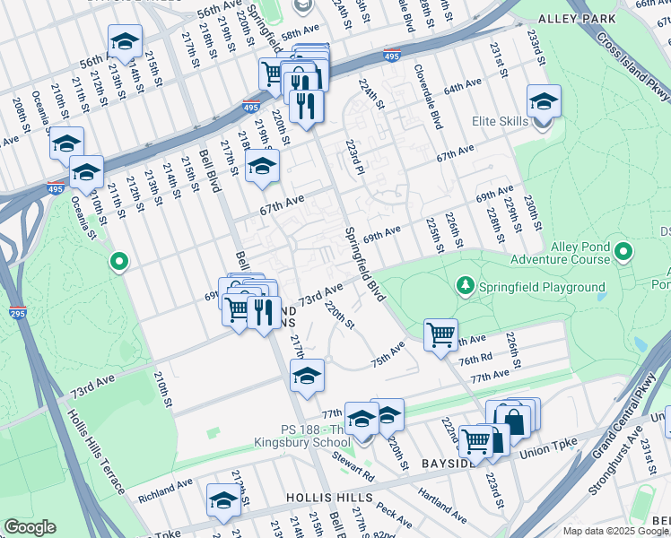 map of restaurants, bars, coffee shops, grocery stores, and more near 220-49 73rd Avenue in Queens