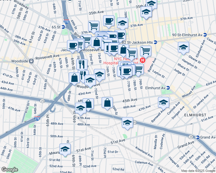 map of restaurants, bars, coffee shops, grocery stores, and more near 41-63 73rd Street in Queens