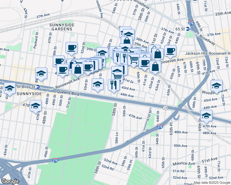 map of restaurants, bars, coffee shops, grocery stores, and more near 43-5 57th Street in Queens