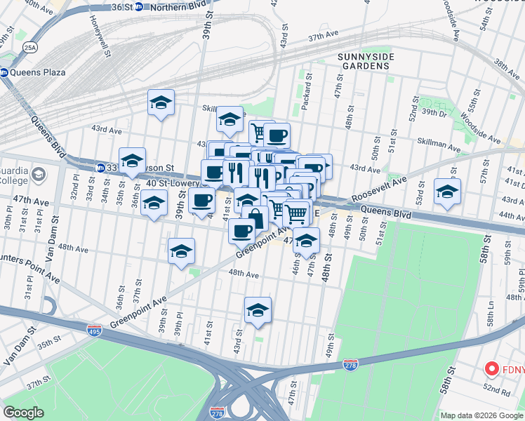 map of restaurants, bars, coffee shops, grocery stores, and more near in Queens